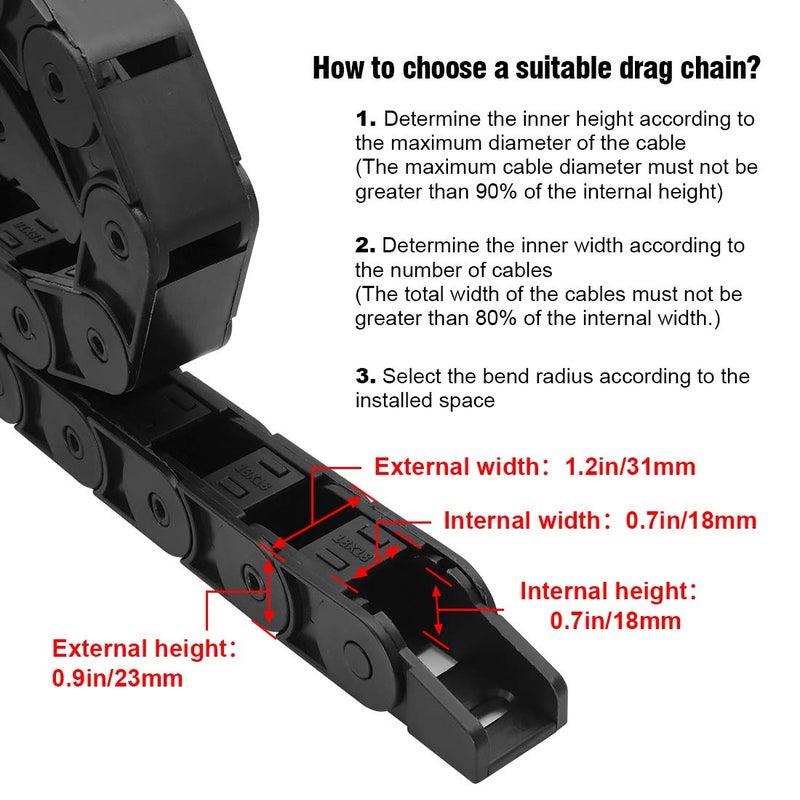 LMioEtool Pack of 2, R38 18mm x 18mm(Inner H x Inner W) Black Plastic Cable Wire Carrier Drag Chain 1M Length for CNC, with End Connectors - Semi Enclosed Type (Inner Side openable) - Image 3